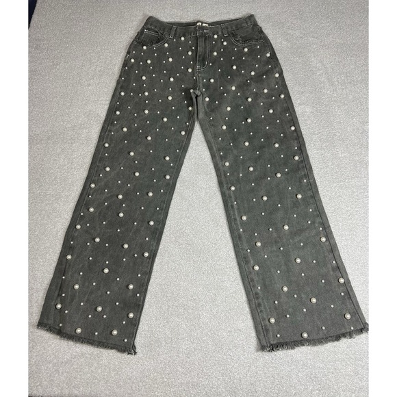 POL The Pearl Drop Jeans Distressed Straight Leg Beaded Denim Gray Medium EUC Ve - Picture 3 of 13